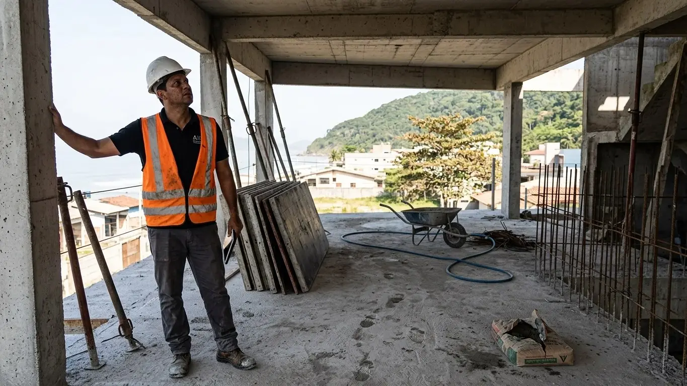 Engenheiro fiscal acompanhando execução em canteiro de obras no litoral paulista · AM&D Engenharia