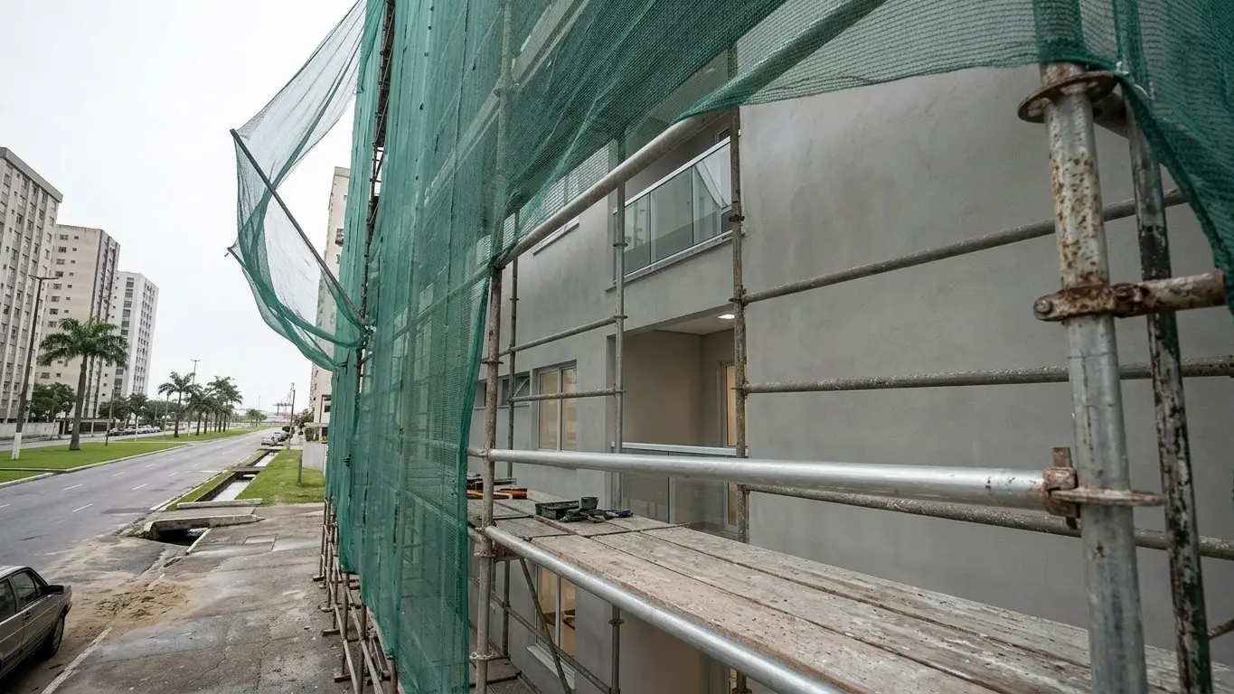 Andaime e tela de proteção em obra de retrofit predial · AM&D Engenharia