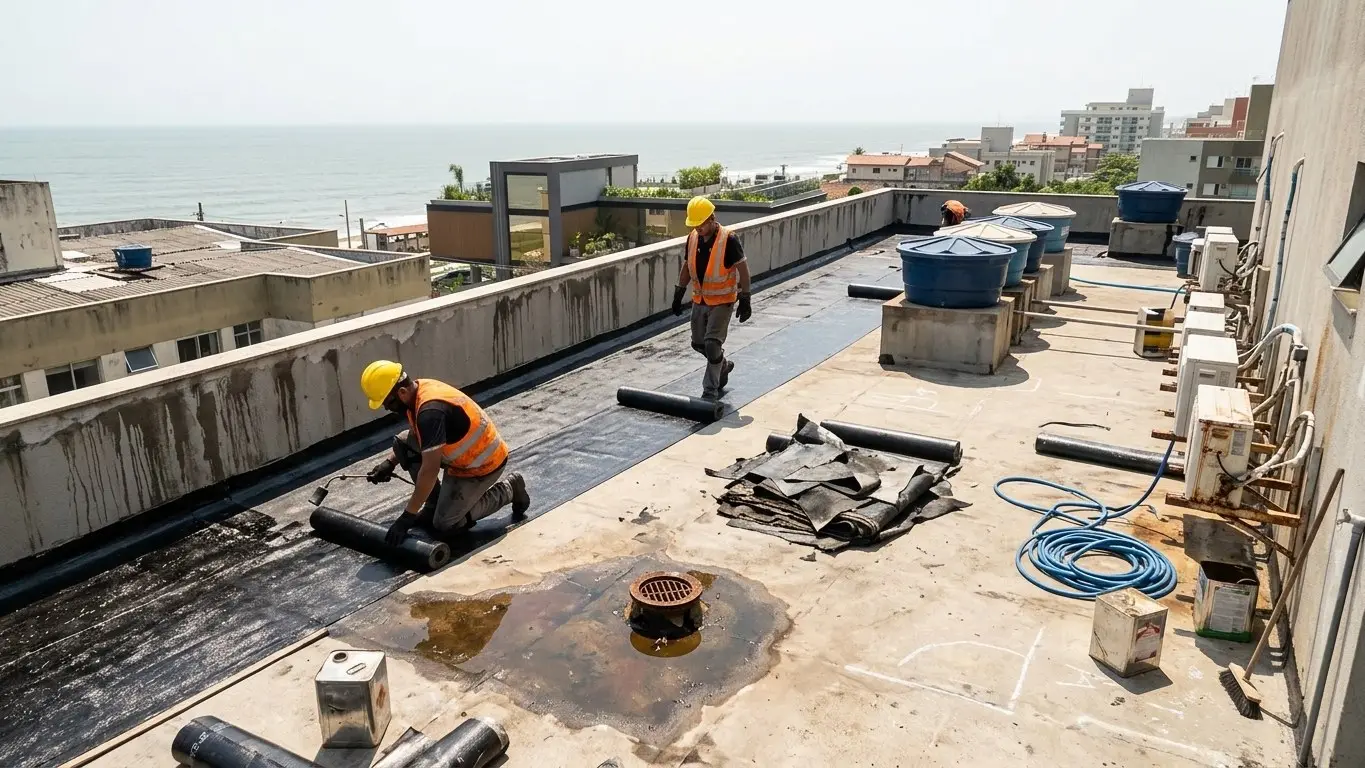 Aplicação de manta asfáltica em cobertura de edifício frente ao mar · AM&D Engenharia