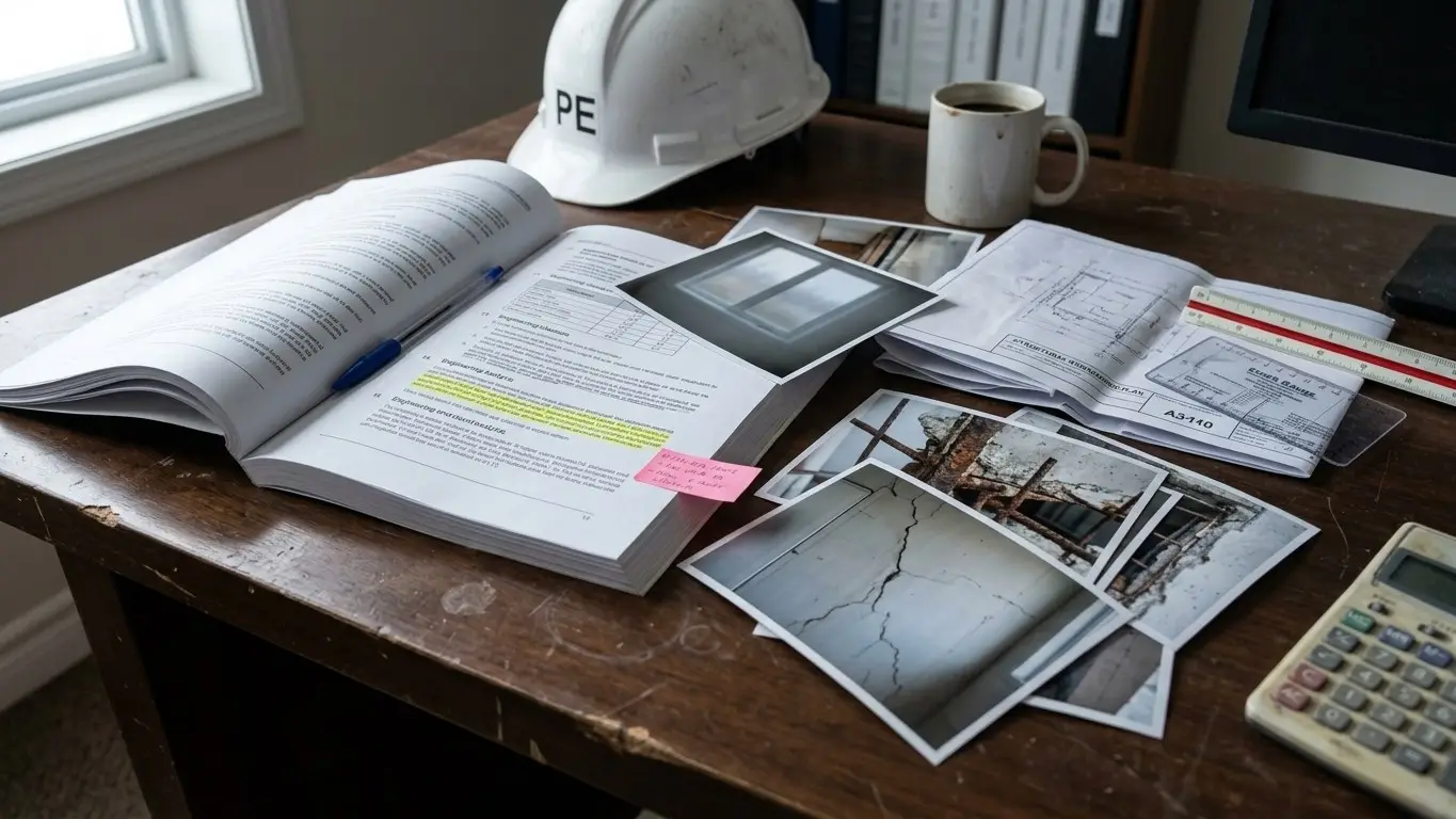 Laudo técnico de engenharia e documentação de perícia sobre mesa de trabalho · AM&D Engenharia