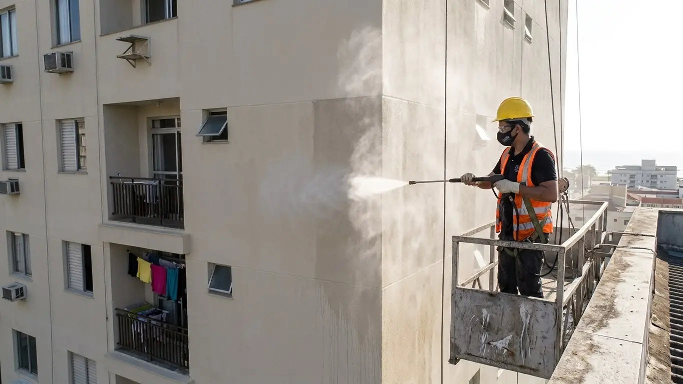 Lavagem de fachada predial com balancim em edifício do litoral · AM&D Engenharia