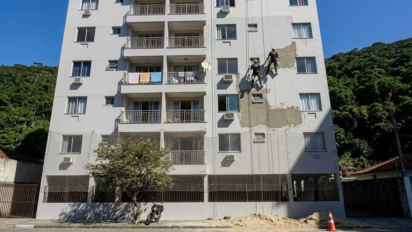 Recuperação de fachada com acesso por corda em edifício litorâneo · AM&D Engenharia