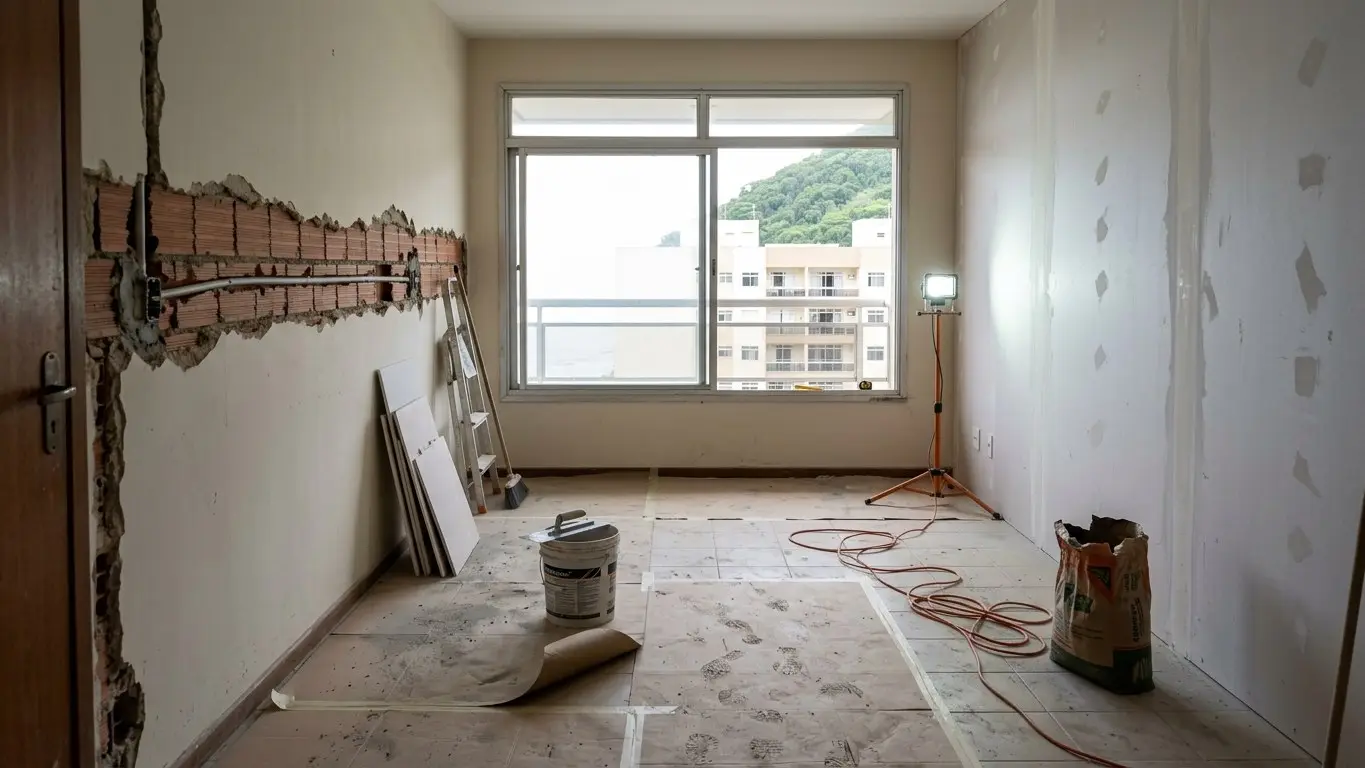 Apartamento de veraneio em obra de reforma com alvenaria em execução · AM&D Engenharia
